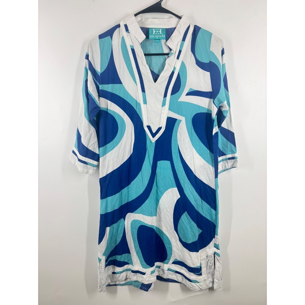 Escapada Womens XS Blue White Abstract Swirl Tunic Dress 3/4 Sleeve Rayon Resort